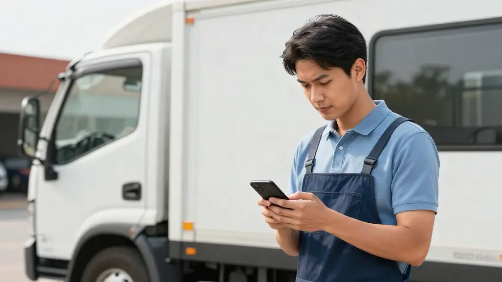 Service professional replying to a text message beside a work truck