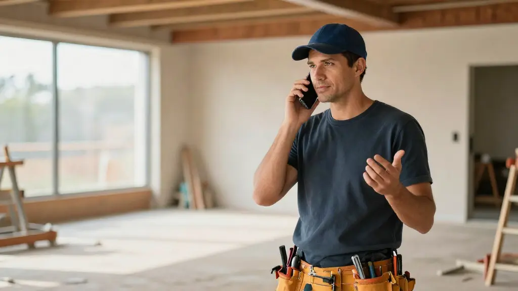 Service contractor taking a phone call inside a house under construction
