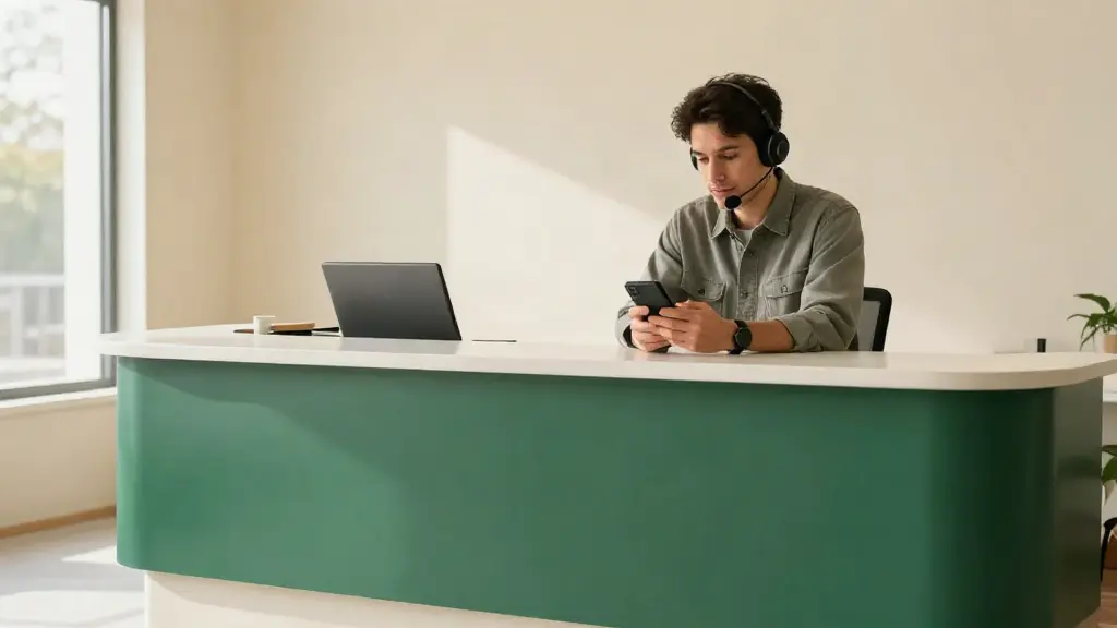 Receptionist wearing a headset and checking a phone at a green reception desk